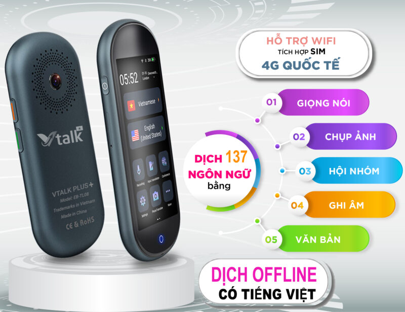 Máy Phiên Dịch VTalk Plus+ 2024 - Mang Thương Hiệu Việt Nam - Hỗ Trợ Dịch Offline Có Tiếng Việt