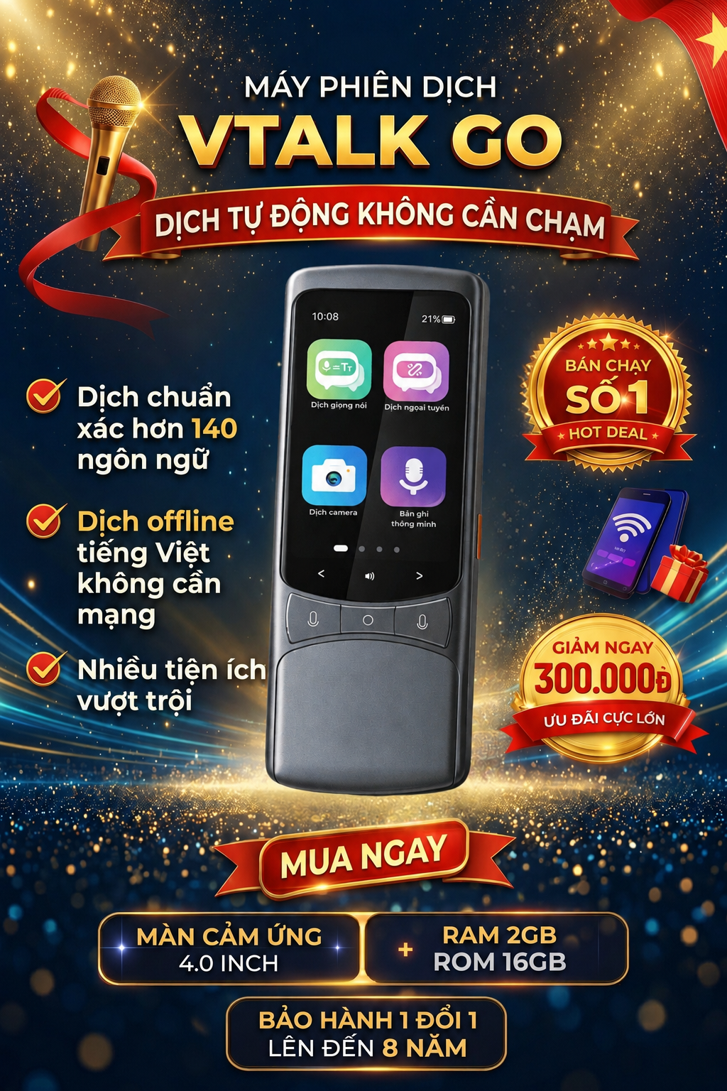 Máy Phiên Dịch VTalk Go 2026 - Tích Hợp AI Thông Minh Không Cần Chạm, Không Cần Nút Máy Phiên Dịch VTalk Go 2026 - Tích Hợp AI Thông Minh Không Cần Chạm, Không Cần Nút